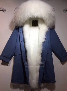 潮牌冬新品白色狐狸毛派克服女长款雾霾蓝工装大毛领可拆休闲外套