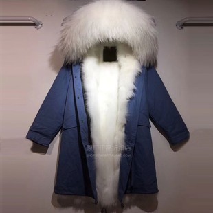 潮牌冬新品 大毛领可拆休闲外套 白色狐狸毛派克服女长款 雾霾蓝工装
