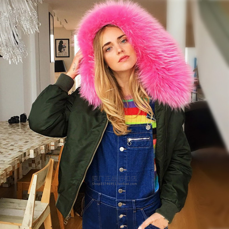 MRS furs双面双穿女士棉服短款2023冬季新品大毛领飞行夹克棒球服