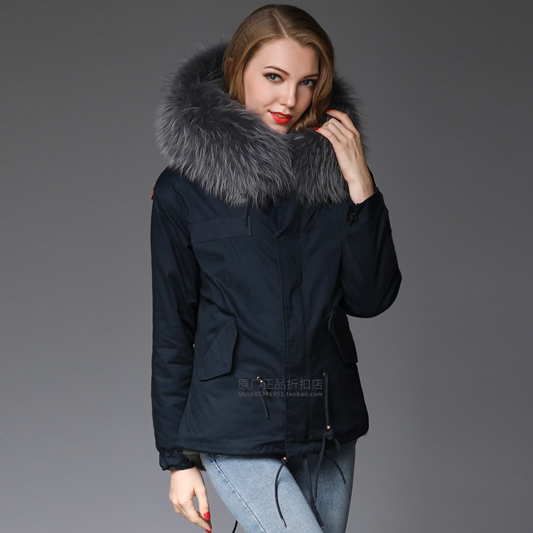 网红潮牌冬新品女士加绒棉衣胖MM宝蓝色连帽拉链口袋派克服真毛领
