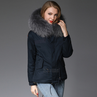 网红潮牌冬新品 女士加绒棉衣胖MM宝蓝色连帽拉链口袋派克服真毛领