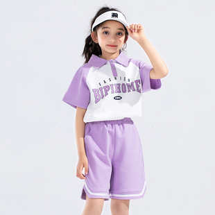 透气POLO衫 儿童女童夏季 立领拼接印花时尚 宽松休闲短袖 2025新款