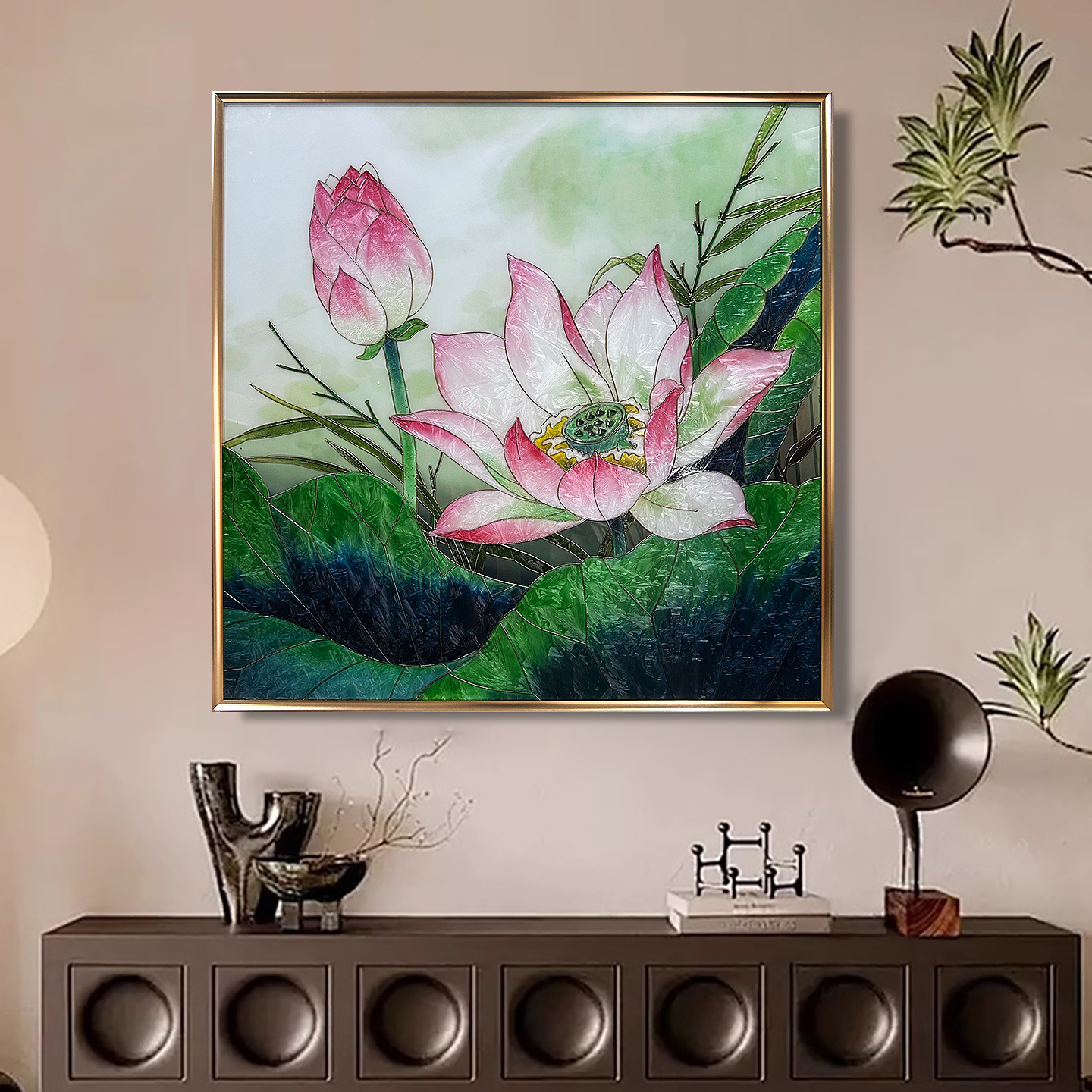 手绘珐琅彩装饰画轻奢现代简约玄关画餐厅客厅沙发背景墙荷花挂画图片