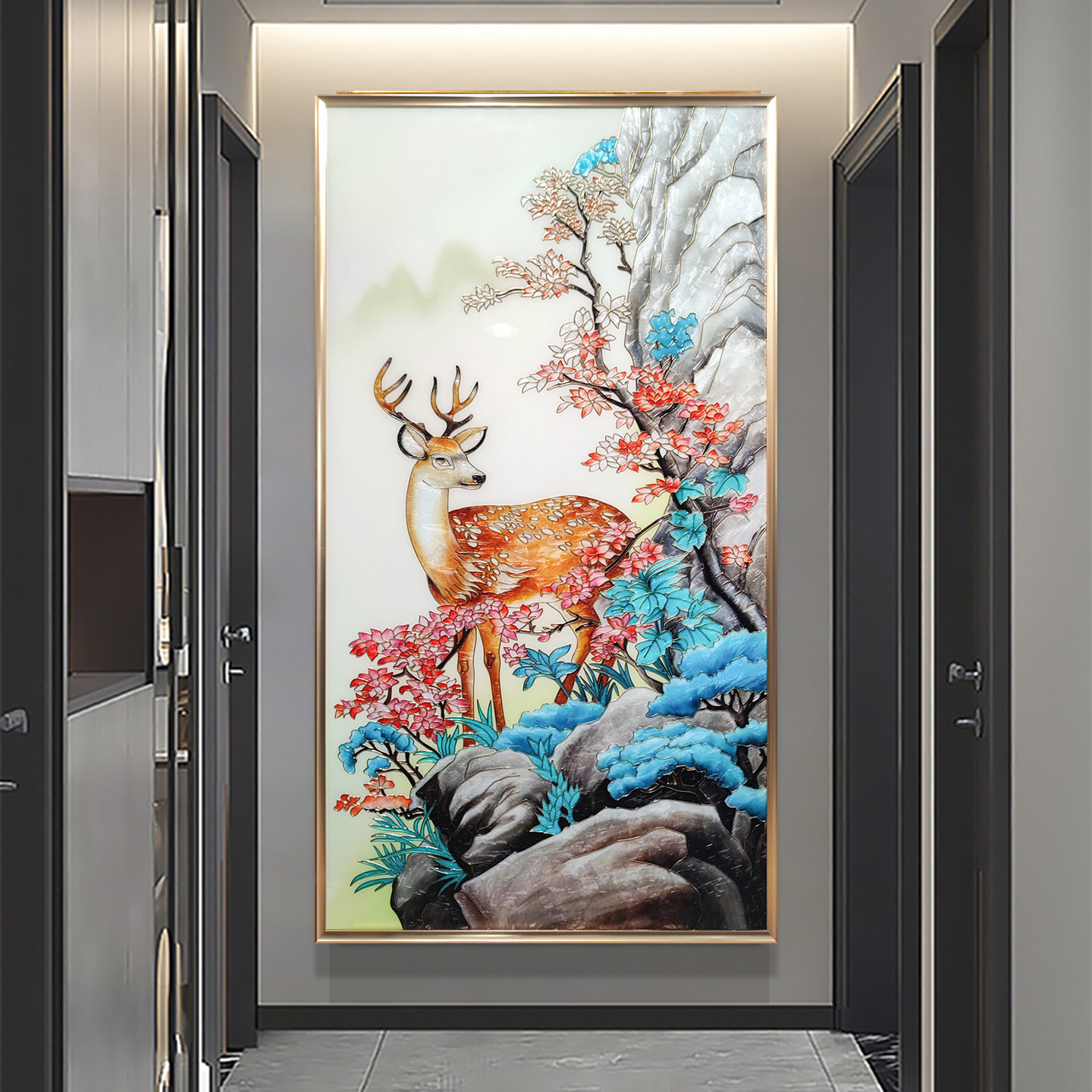 手绘珐琅彩装饰画现代简约中式玄关肌理画客厅麋鹿走廊尽头画