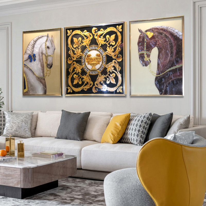 手工琉璃珐琅彩装饰画轻奢简美简欧风马到成功客厅沙发背景墙挂画