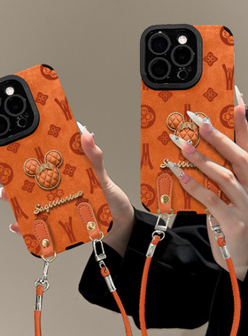 米奇公仔挂绳适用苹果17橙色手机壳iphone15pm硅胶16高颜值女生14
