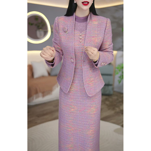 高端长袖两件套连衣裙女2025新款秋冬妈妈气质小西服时尚套装裙子