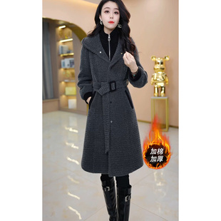 中长款时尚连帽收腰大衣女2025秋冬新款妈妈高档夹棉加厚毛呢外套