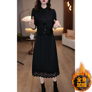 全身加绒加厚长袖连衣裙女2025秋冬季新款配大衣妈妈高端打底裙子