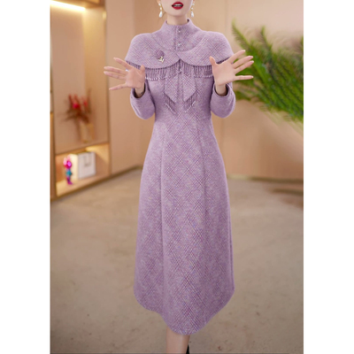 气质配大衣长袖连衣裙女