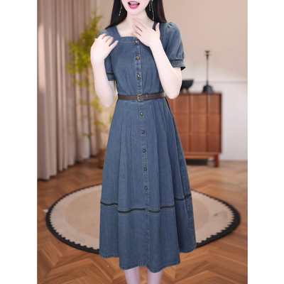 气质短袖收腰连衣裙女