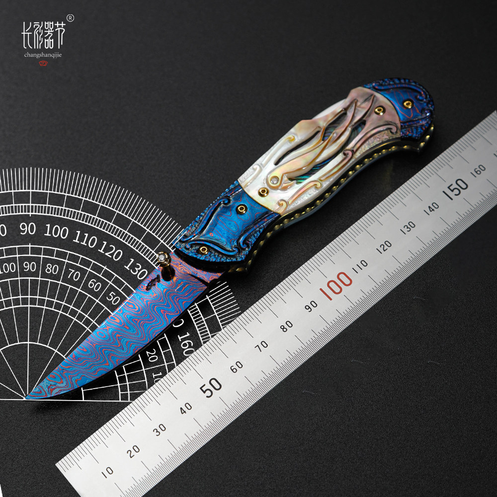 长衫器节梦幻鹦鹉折刀名匠舒恰特限量手工作品隆烤蓝大马士革雕刻