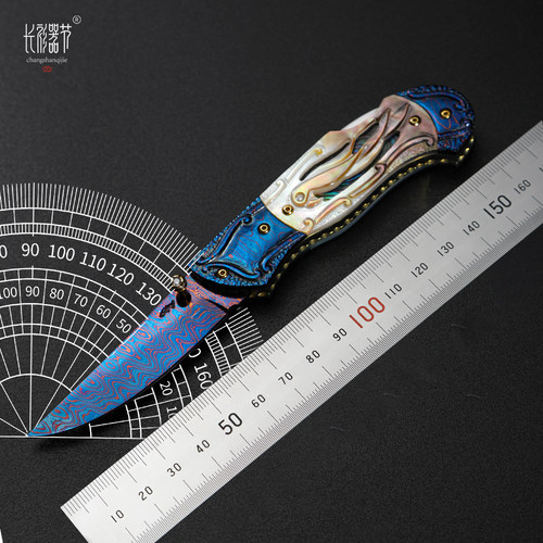长衫器节梦幻鹦鹉折刀名匠舒恰特限量手工作品隆烤蓝大马士革雕刻