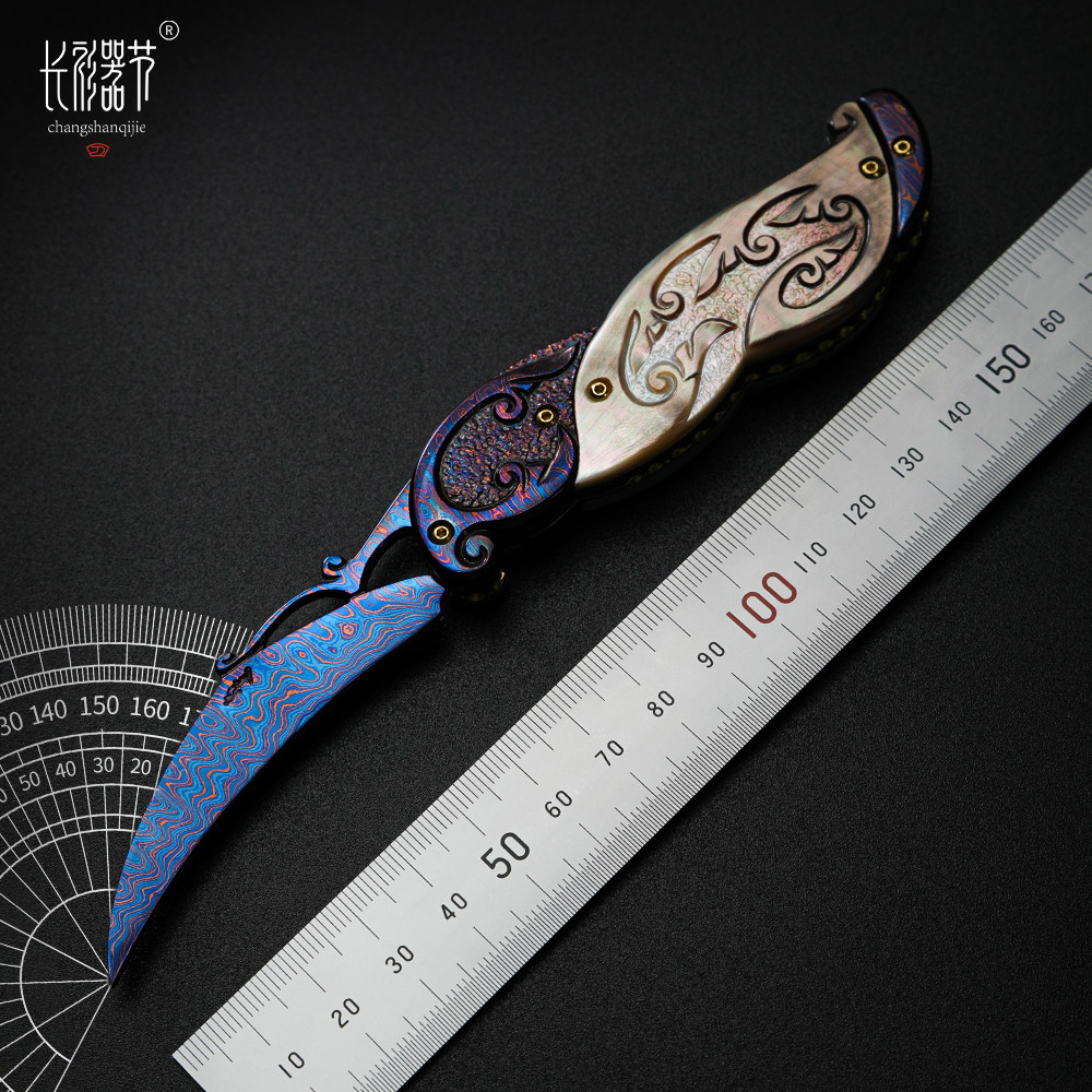 孤品现货蓝湖丽景折刀名匠舒恰特.江塔隆烤蓝大马士革收藏艺术刀