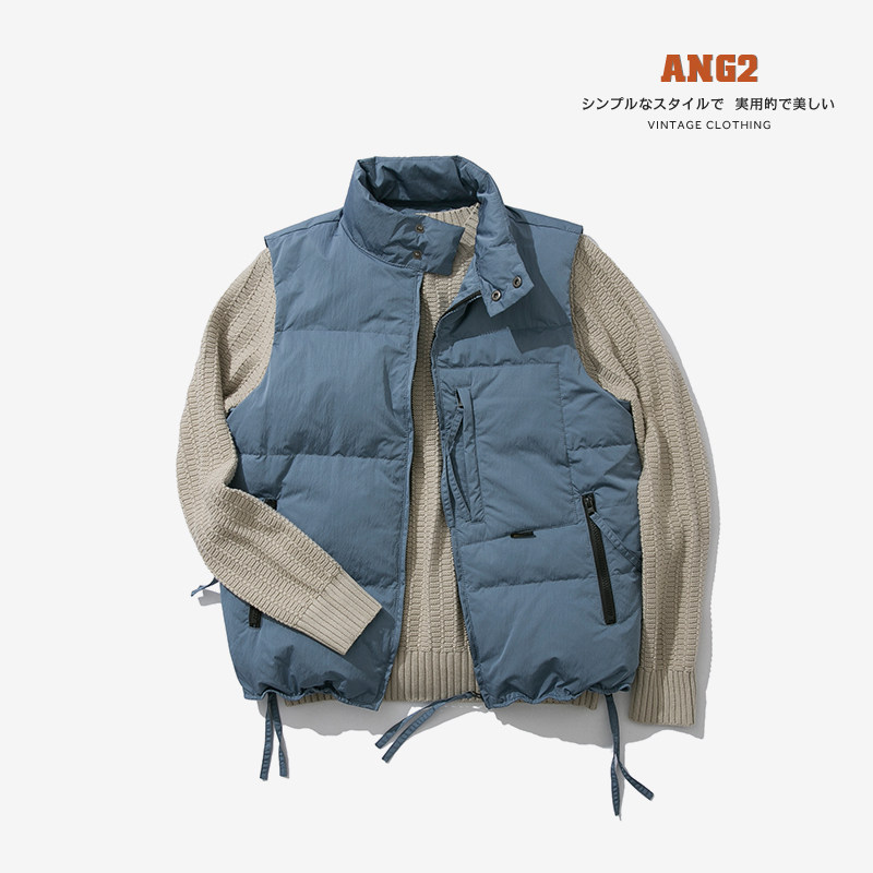 ANG2 ZIPPER SLIT JAPANESE VINTAGE MENS MULTI-POCKET CARGO STAND-UP COLLAR DOWN VEST THERMAL DOWN VEST