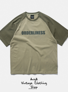 Ang2 Stu 复古百搭学院风日系男式纯棉字母印花圆领插肩袖短袖T恤