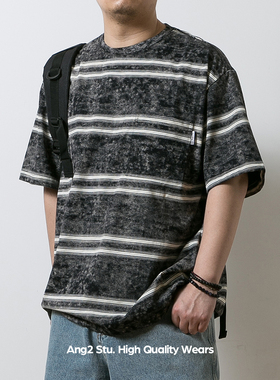 Ang2 Stu 百搭水洗条纹 夏装日系男式宽松圆领短袖T恤套头短Tee