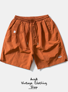 Ang2 Stu 裤脚开叉 日系复古男式小刺绣松紧腰宽松休闲短裤沙滩裤