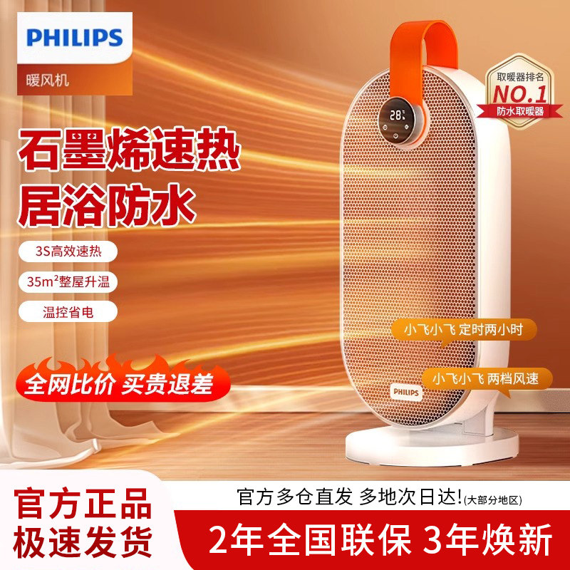 飞利浦暖风机办公室桌下小型家用静音卧室客厅大面积浴室专用取暖