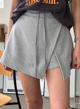 韩代纯色松紧腰绑带个性开叉休闲显瘦百搭短裙裤灰色纯棉半身裙女