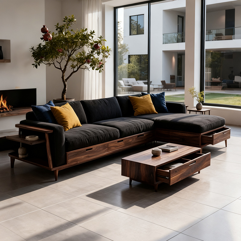 新中式布艺沙发简约现代贵妃位客厅三人位实木沙发小户型转角沙发