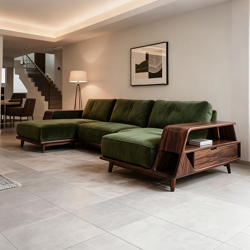 新中式黑胡桃木沙发客厅双贵妃位U形实木沙发简约转角布艺沙发