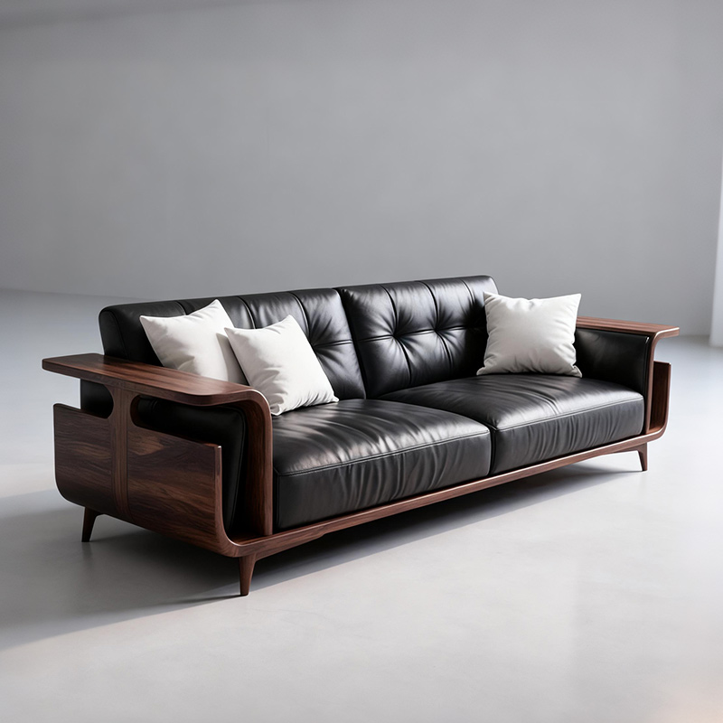 新中式黑胡桃木直排皮沙发客厅简约2025新款实木办公室小户型沙发