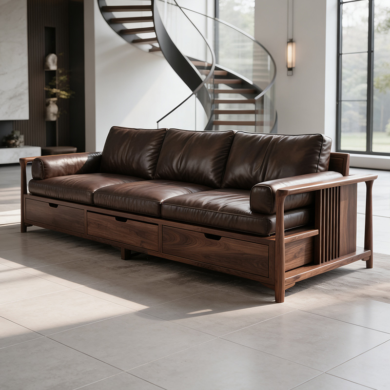 新中式黑胡桃木极简真皮沙发轻奢复古客厅直排宋氏美学实木沙发