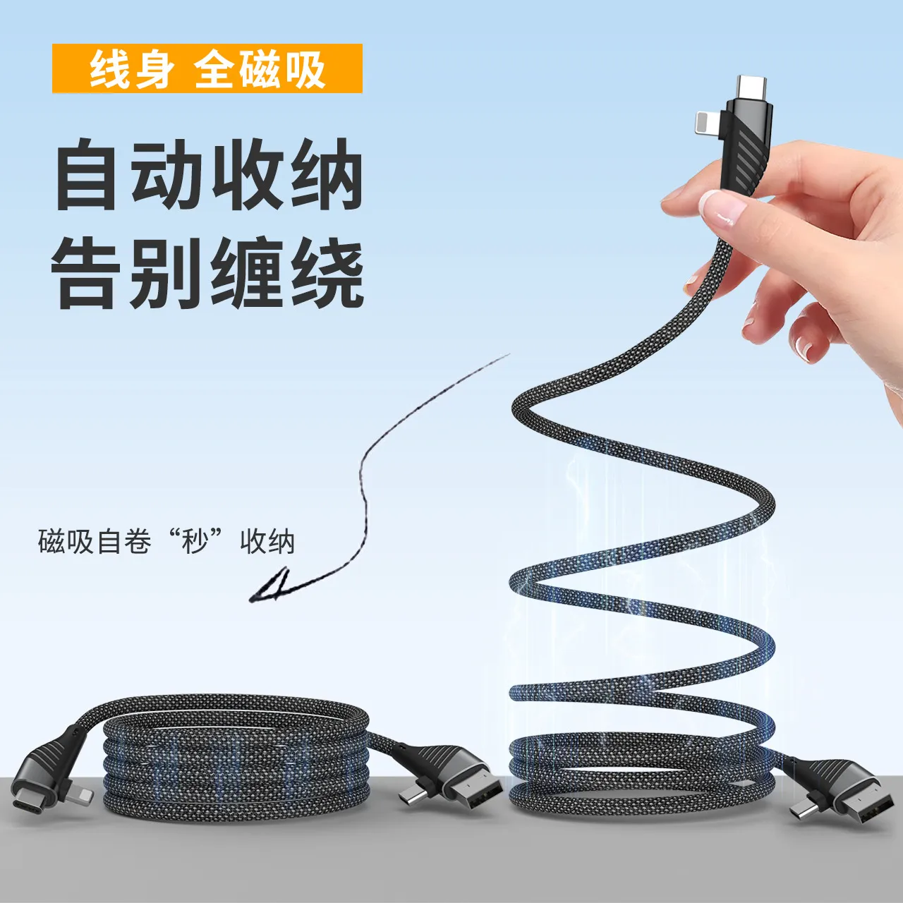 磁吸收纳PD快充Type-c多功能数据线适用苹果15华为手机自动便携带