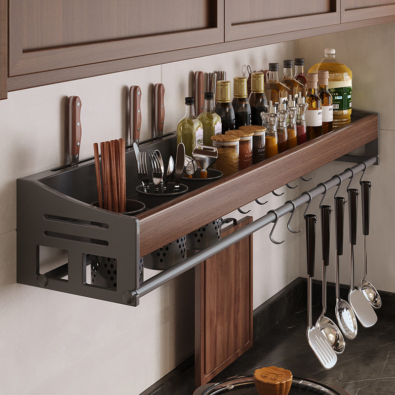 中古实木厨房调味料品置物架壁挂式免打孔墙上多功能收纳架子刀架