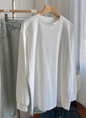 高品质白色长袖T恤女宽松加绒加厚圆领打底衫内搭显瘦上衣叠穿潮