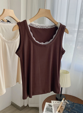 高品质蕾丝花边吊带背心女欧货法式内搭方领美背无袖上衣潮可外穿
