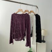 T恤上衣舞蹈服 打底衫 不规则收腰圆领蕾丝镂空罩衫 女2024秋冬长袖