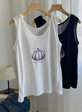 高品质麻感棉印花U领韩版薄款背心女夏宽松无袖上衣外穿内搭凉爽