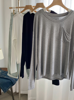 高品质莫代尔长袖个性口袋T恤女宽松防晒衣罩衫空调衫垂感柔上衣