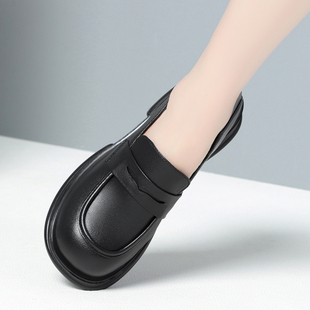 英伦风单鞋 2023真皮厚底乐福鞋 春季 子黑色圆头小皮鞋 女新款 低底鞋