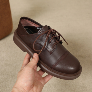 女英伦风学院日系女鞋 厚底棕色系带单 春秋真皮妈妈小皮鞋 2022新款