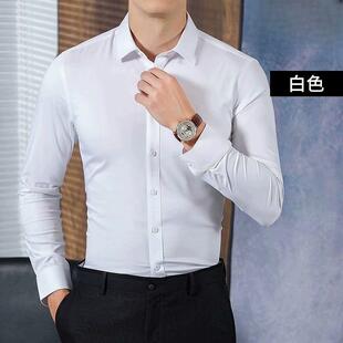 纯色商务休闲工装 男长袖 韩版 免烫修身 春秋季 衬衫 竹纤维弹力衬衫