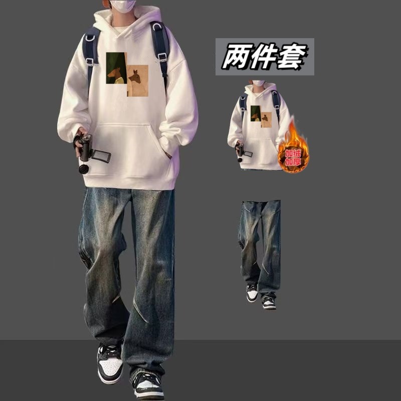 秋冬季连帽卫衣男学生港风ins潮牌加厚卫衣搭配高街牛仔裤两件套