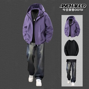 秋冬季三件套男港风痞帅潮流休闲运动套装长袖时尚夹克外套厚款冬