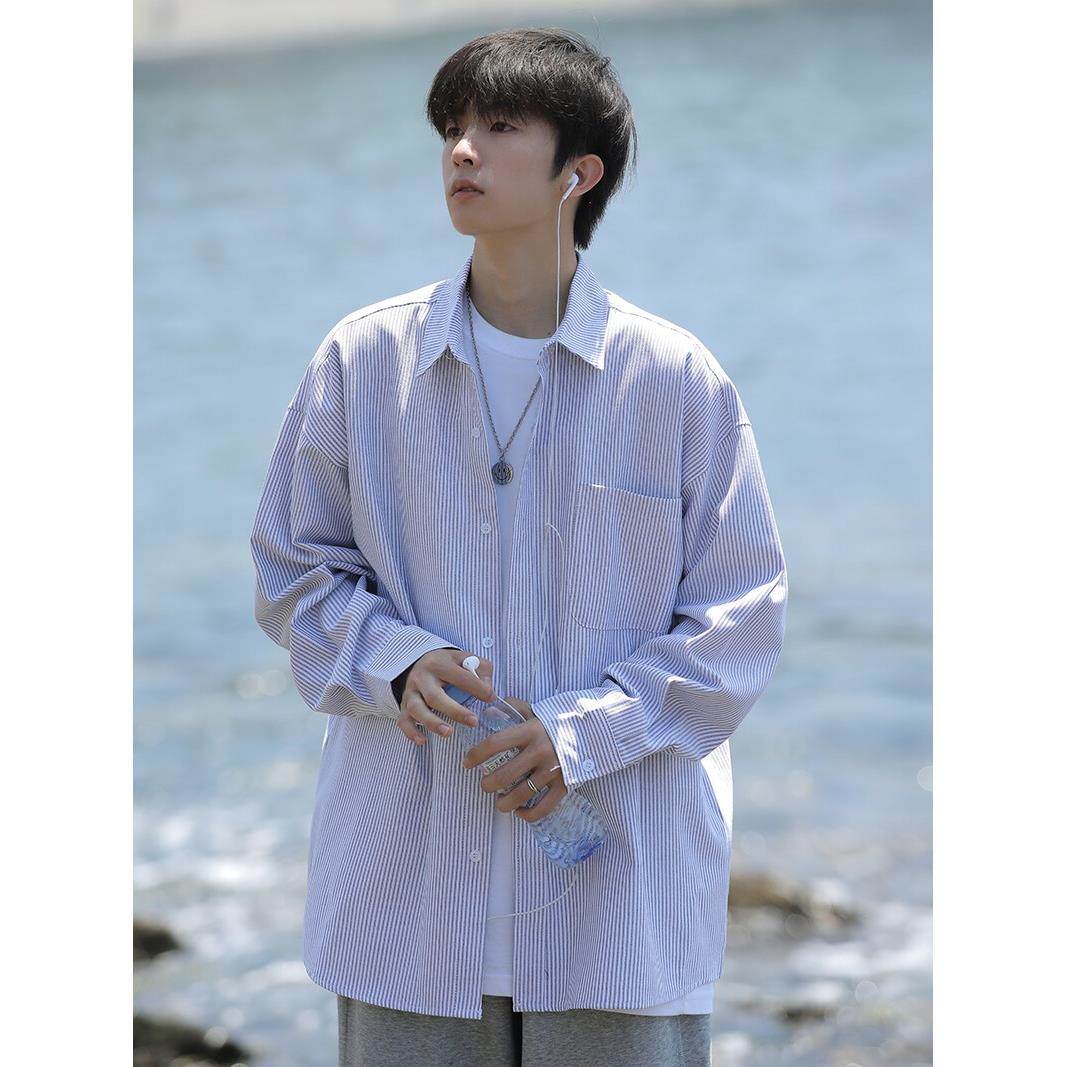 2026新款春秋条纹衬衫男生韩版潮流百搭帅气学生休闲长袖衬衣外套