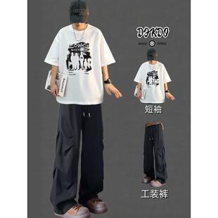 裤 高街风白色短袖 青少年帅气潮流酷帅工装 套装 两件套 T恤男夏季