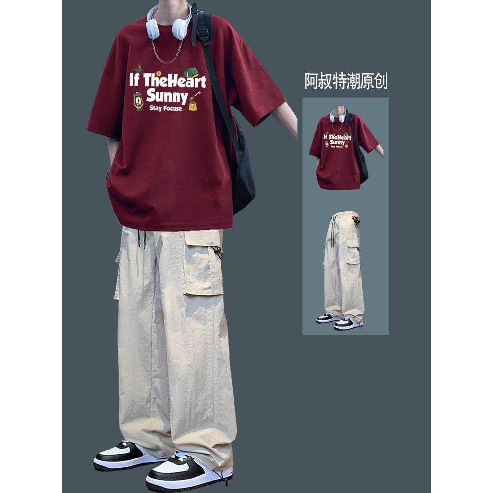 痞帅纯棉短袖男款夏季薄款重磅百搭宽松港风ins圆领t恤半袖衫男士