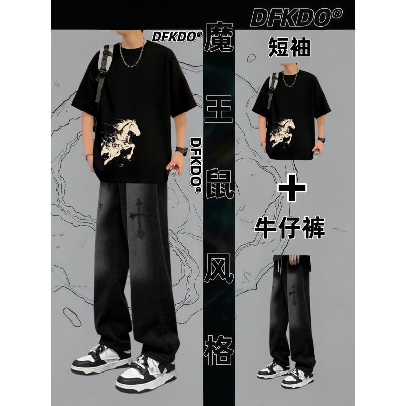夏季黑色短袖印花休闲套装男青少年潮流炸街两件套运动男装穿搭