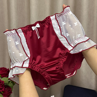 2025大码中腰性感蕾丝三角内裤女士加大码胖mm缎面冰丝透明网纱裤