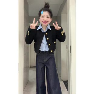 子 美式 慵懒松弛感深蓝大码 牛仔裤 女秋冬高腰垂感胖mm宽松阔腿长裤