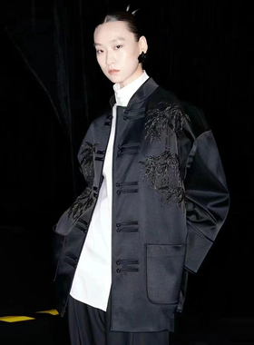 C5参考1W东方美学新中式双层重磅真丝精美刺绣藏蓝色套装X2403251