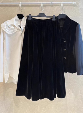 C323秋冬新奢华复古高密度真丝丝绒黑色半裙法式优雅高定S2311205