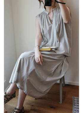 btbstudio 日系水洗微皱棉松弛褶饰无袖上衣/兜袋半裙套装 分开买