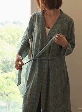 btbstudio 印度古布 波嘻风定位拼花湖蓝真丝轻盈版和服式开衫